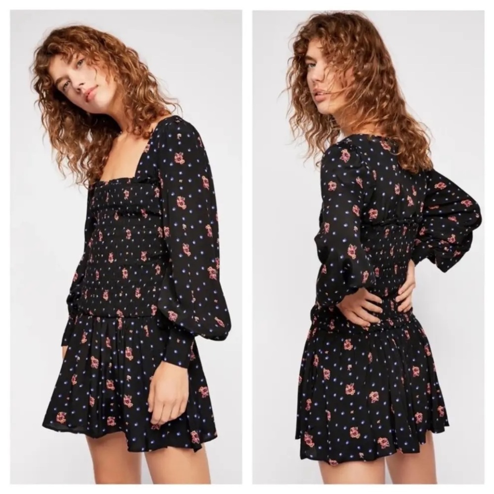 Free People Two Faces Black Floral Print Smocked Long Sleeve Mini Dress Size xs